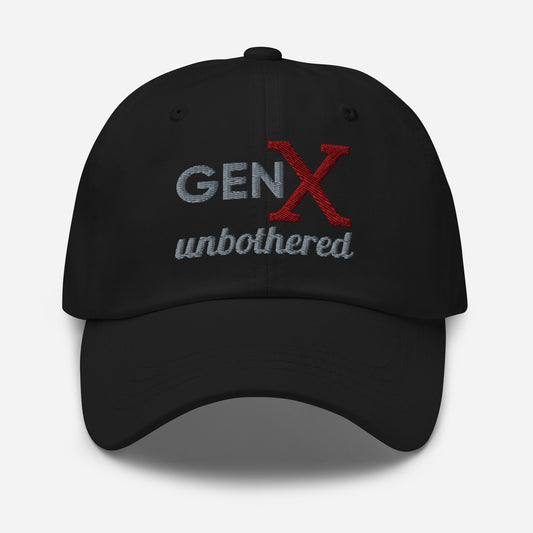Gen X dad hat Unbothered by N.X. Originals – minimalist embroidered cap black