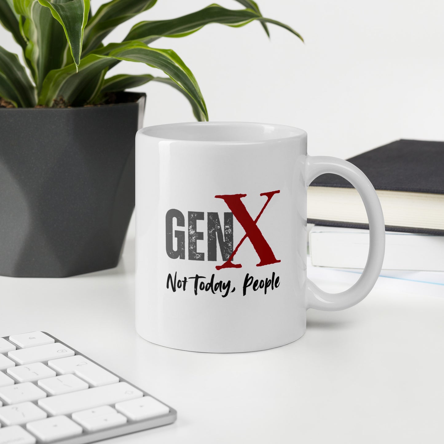 White ceramic Gen X coffee mug with the text “Not Today, People” in distressed grunge style, sarcastic and anti-social office vibe.