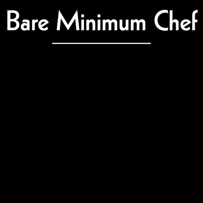 Black organic kitchen apron with the text “Bare Minimum Chef” in a clean minimalist design, Gen X cooking humor.
