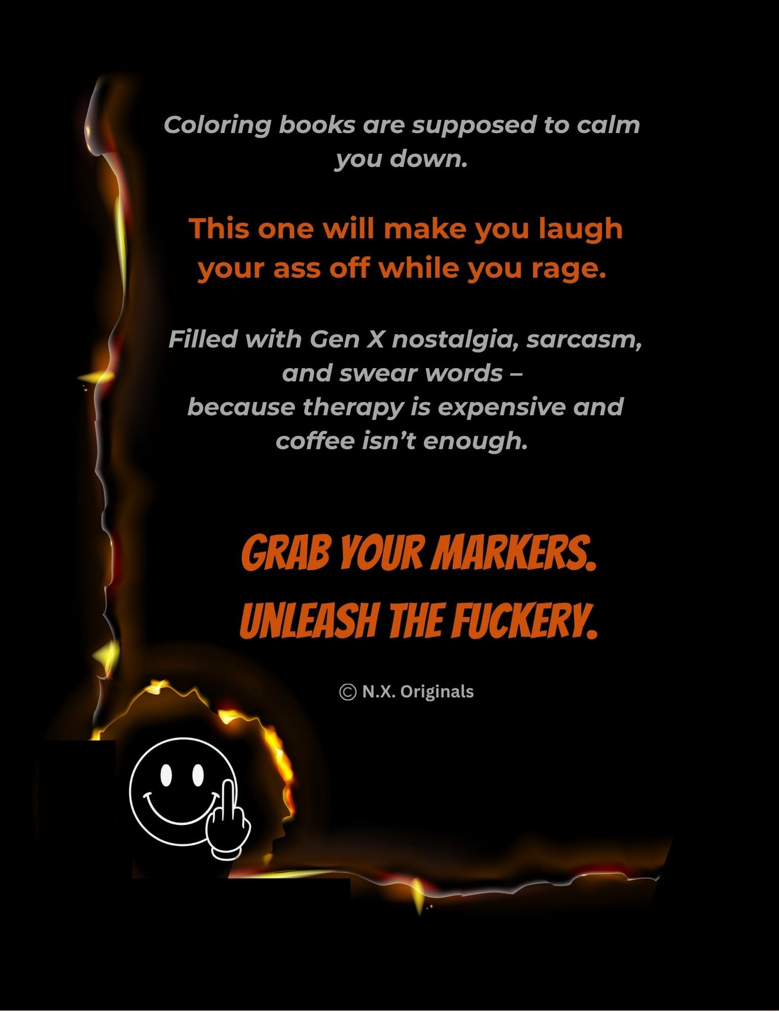 Gen X Rage Therapy adult coloring book cover with grumpy cat illustration and sarcastic design for stress relief.