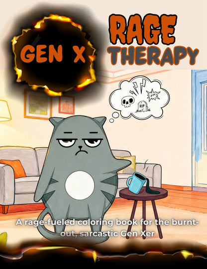 Gen X Rage Therapy adult coloring book cover with grumpy cat illustration and sarcastic design for stress relief.