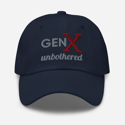 Gen X dad hat Unbothered by N.X. Originals – minimalist embroidered cap navy