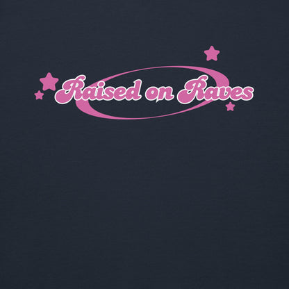 Gen X hoodie Raised on Raves navy logo variant by N.X. Originals