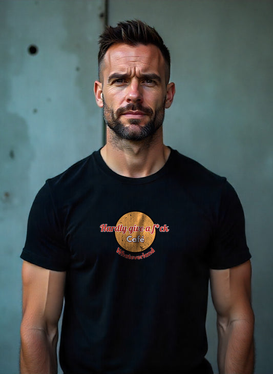 Gen X shirt Hardly Give a F*ck Café – Whateverland by N.X. Originals – retro parody design