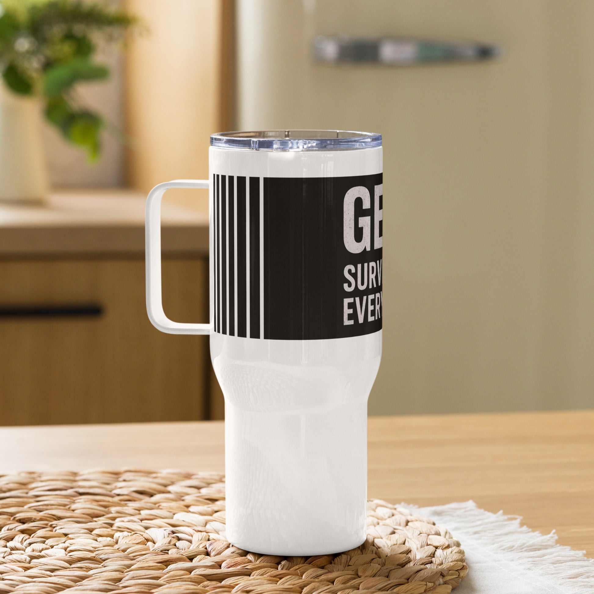 White insulated travel mug with wrap-around distressed black grunge print and bold “Gen X Survivor of Everything” typography in white and red.