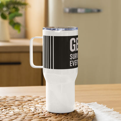 White insulated travel mug with wrap-around distressed black grunge print and bold “Gen X Survivor of Everything” typography in white and red.