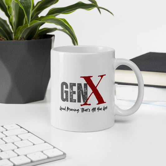 White ceramic Gen X coffee mug with the sarcastic quote “Good Morning, That’s All” in distressed grunge style, minimal social interaction vibe.
