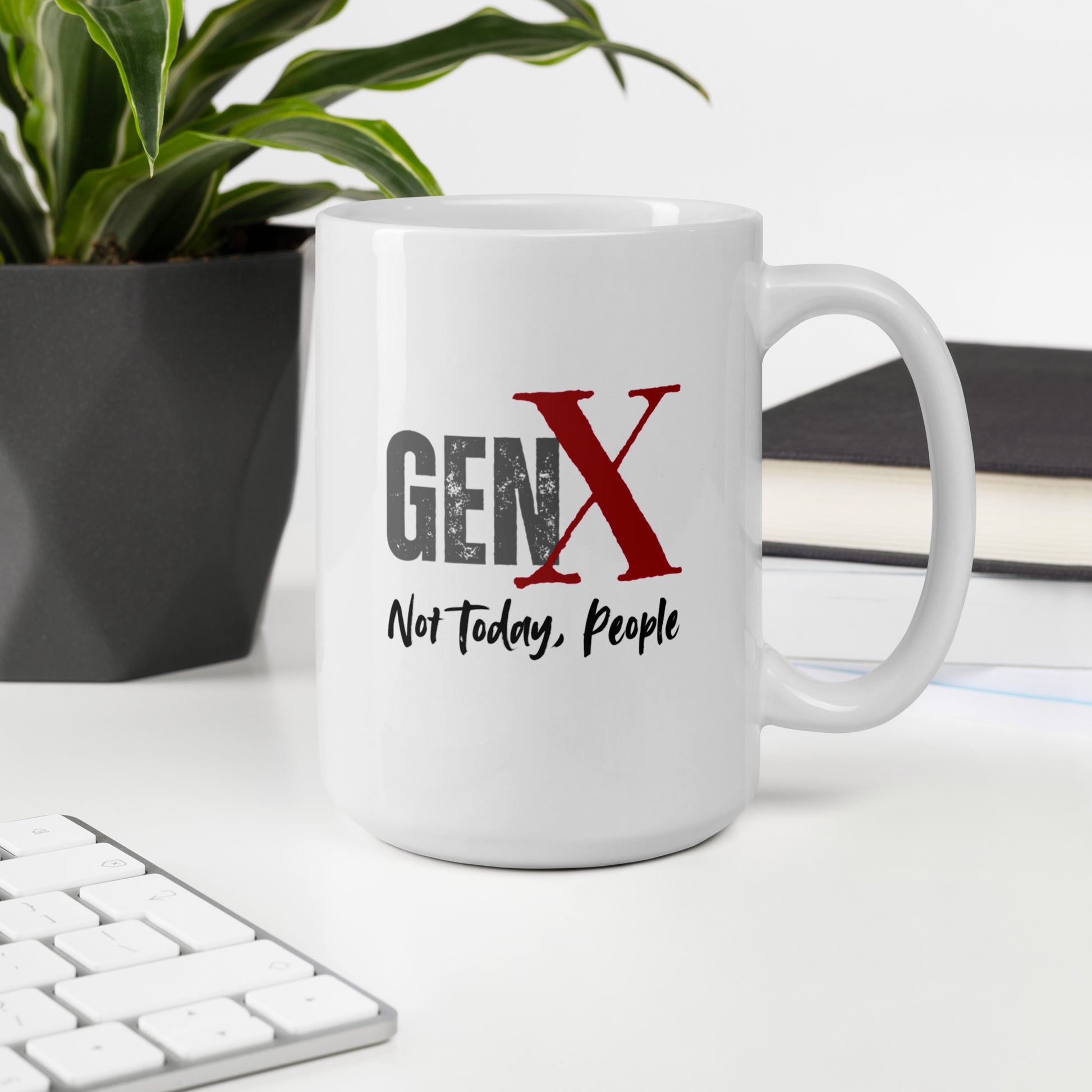 White ceramic Gen X coffee mug with the text “Not Today, People” in distressed grunge style, sarcastic and anti-social office vibe.