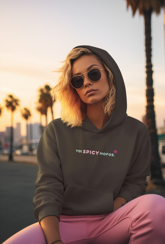 YO! SPICY MOFOS. – Gen X Hoodie | Vintage Black Unisex Hoodie | Retro Neon Graphic, blue pink | 90s Attitude Sweatshirt for Sarcastic Legends